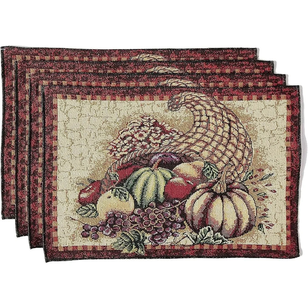 Fall Harvest Thanksgiving Decorative Placemats Set of 4 Cotton Polyester Woven Tapestry 13x19 Inch Autumn Leaves Sunflowers