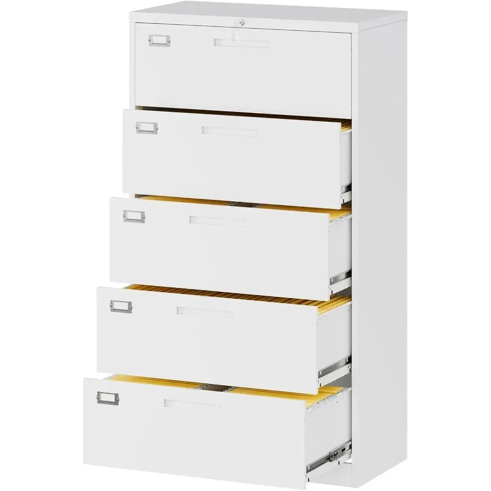 Lateral File Cabinet with 5 Drawers - Lockable Storage Cabinet for Hanging - White Metal Steel Filling Cabinets for Home Office