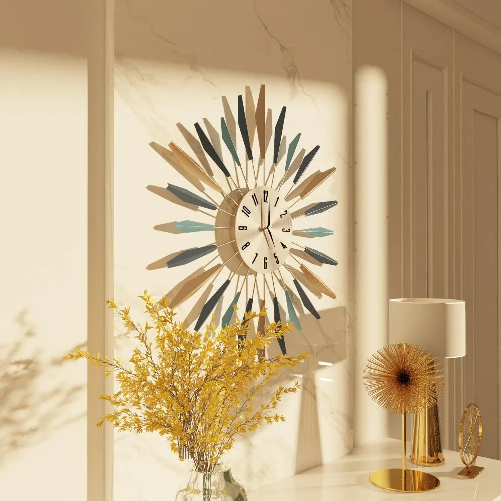 28 Inch Large Wall Clock Metal Decorative, Mid Century Silent Non-Ticking Big Clocks, Modern Home Decorations for Living